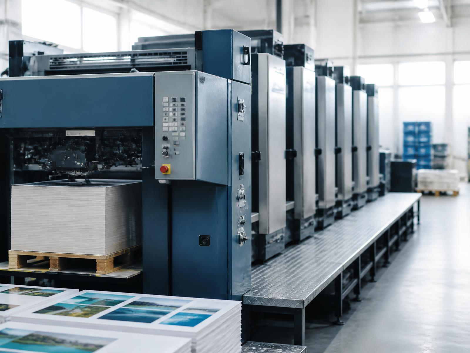 Industrial offset printing press producing printed sheets in a modern facility